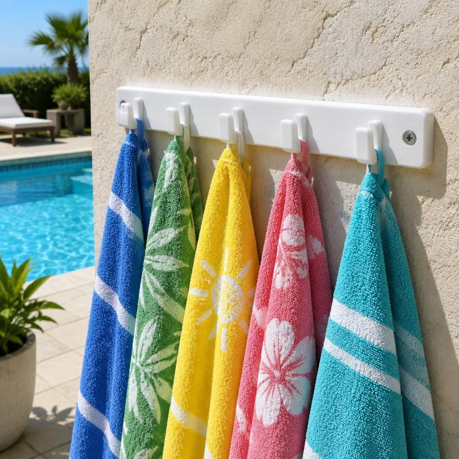 Pool-deck towel hook rail